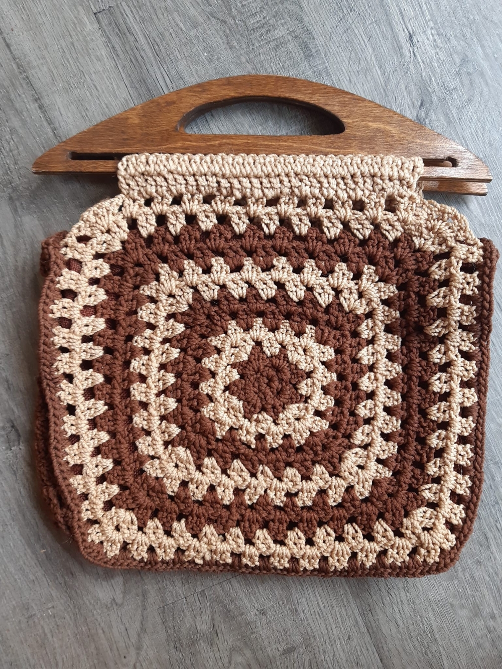 Handmade 70s Granny Square Crochet Tote Bag with Teak Wooden Handles